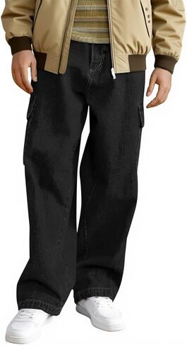 Haloumoning الأولاد السراويل البضائع الفضفاضة مرونة الخصر واسعة الساق الجينز عارضة ديمين السراويل مع جيوب 5-14 سنة in Kuwait