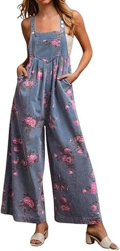 loveimgs Women Sleeveless Floral Jean Bib Overalls Wide Leg Denim Jumpsuit Flowy Long Tank Romper Jumper Y2k Flower Patchwork in Saudi Arabia