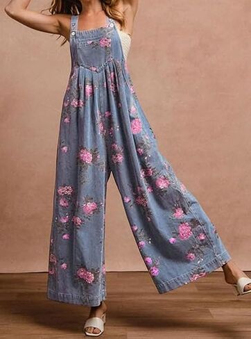 loveimgs Women Sleeveless Floral Jean Bib Overalls Wide Leg Denim Jumpsuit Flowy Long Tank Romper Jumper Y2k Flower Patchwork in Saudi Arabia