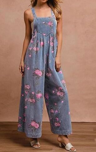 loveimgs Women Sleeveless Floral Jean Bib Overalls Wide Leg Denim Jumpsuit Flowy Long Tank Romper Jumper Y2k Flower Patchwork in Saudi Arabia