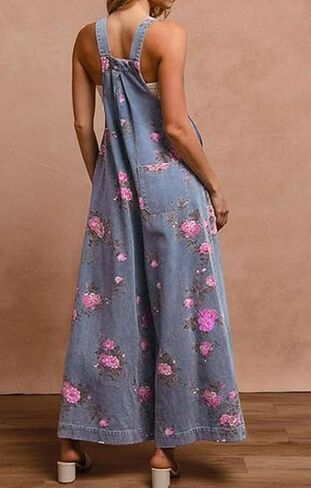 loveimgs Women Sleeveless Floral Jean Bib Overalls Wide Leg Denim Jumpsuit Flowy Long Tank Romper Jumper Y2k Flower Patchwork in Saudi Arabia