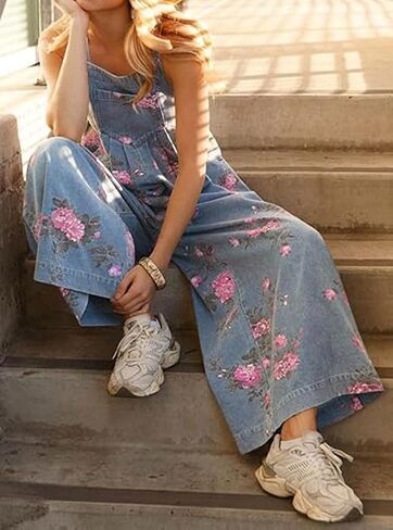 loveimgs Women Sleeveless Floral Jean Bib Overalls Wide Leg Denim Jumpsuit Flowy Long Tank Romper Jumper Y2k Flower Patchwork in Saudi Arabia