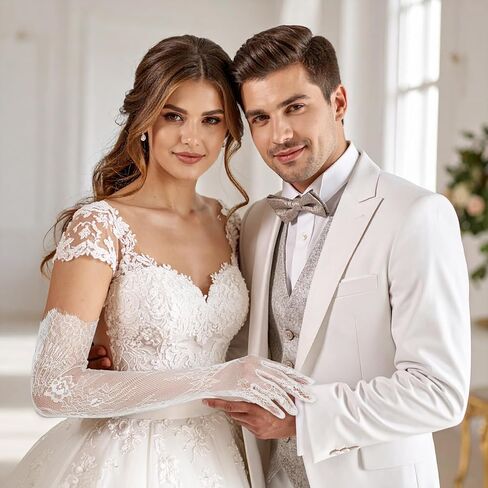 قفازات من الدانتيل الأبيض ، قفازات ذات دانتيل طويلة أنيقة ، قفازات شاي شاي شاي زهرية لزفاف الزفاف ، كوكتيل كوزبلاي إكسسوارات الهالوين (طول الكوع) in Kuwait