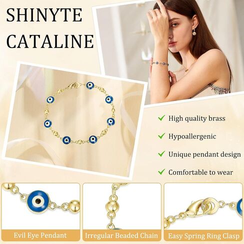 14K Gold Bohemian Bracelet for Women, Evil Eye Beaded Chain,Lucky Turkish Trendy Jewelry Gift in Kuwait