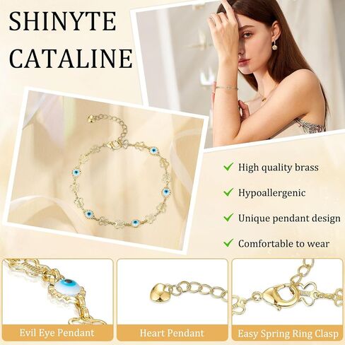 14K Gold Bohemian Bracelet for Women, Evil Eye Beaded Chain,Lucky Turkish Trendy Jewelry Gift in Kuwait