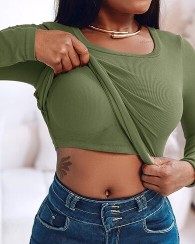 شيكمي نساء سلس بسرور قمصان طويلة الأكمام 2025 U رقبة القمصان متماسكة القمصان الأساسية السقوط ملابس in Kuwait