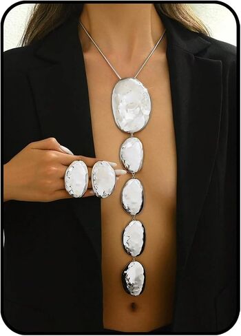 Statement Necklace Earrings Set, 2pcs Geometric Asymmetrical Hammered Texture Graduated Size Extra Long Pendant Necklace & Earrings Jewelry Gifts in Saudi Arabia
