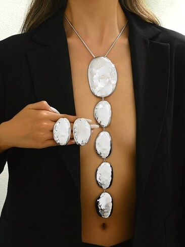 Statement Necklace Earrings Set, 2pcs Geometric Asymmetrical Hammered Texture Graduated Size Extra Long Pendant Necklace & Earrings Jewelry Gifts in Saudi Arabia