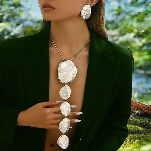 Statement Necklace Earrings Set, 2pcs Geometric Asymmetrical Hammered Texture Graduated Size Extra Long Pendant Necklace & Earrings Jewelry Gifts in Saudi Arabia