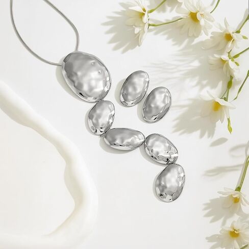 Statement Necklace Earrings Set, 2pcs Geometric Asymmetrical Hammered Texture Graduated Size Extra Long Pendant Necklace & Earrings Jewelry Gifts in Saudi Arabia