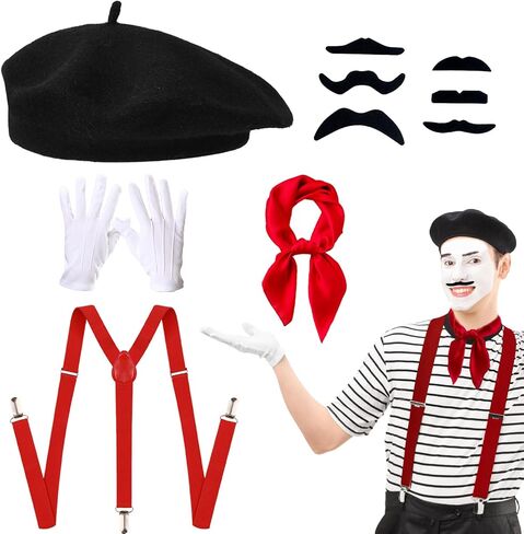 French Mime Artist Costume Accessories Set for Men Women with Beret Scarf Suspenders Gloves Beard Halloween Party Cosplay Set in Saudi Arabia
