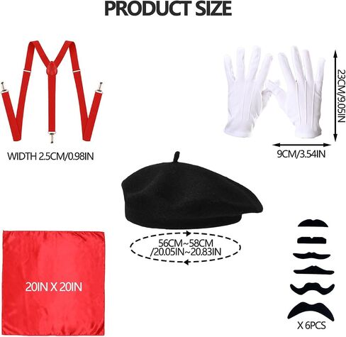 French Mime Artist Costume Accessories Set for Men Women with Beret Scarf Suspenders Gloves Beard Halloween Party Cosplay Set in Saudi Arabia