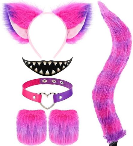 6 PCS Purple Cat Associatory Kits for Women - include Pink and Purple Purple Purry Cat Ears Tails Tails Gloves Wloves and Sticker for Halloween Kitty Cosplay Kits Read Book Day Day Up in Kuwait