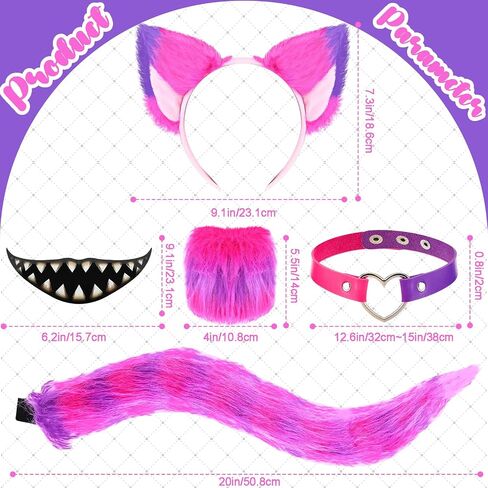 6 PCS Purple Cat Associatory Kits for Women - include Pink and Purple Purple Purry Cat Ears Tails Tails Gloves Wloves and Sticker for Halloween Kitty Cosplay Kits Read Book Day Day Up in Kuwait
