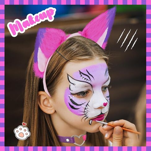 6 PCS Purple Cat Associatory Kits for Women - include Pink and Purple Purple Purry Cat Ears Tails Tails Gloves Wloves and Sticker for Halloween Kitty Cosplay Kits Read Book Day Day Up in Kuwait