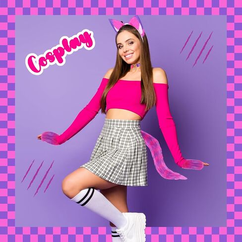 6 PCS Purple Cat Associatory Kits for Women - include Pink and Purple Purple Purry Cat Ears Tails Tails Gloves Wloves and Sticker for Halloween Kitty Cosplay Kits Read Book Day Day Up in Kuwait