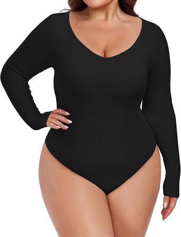 FOREYOND Plus Size Bodysuits for Women Long Sleeve V Neck Bodysuit Sexy One Piece Body Suit Tops in Saudi Arabia
