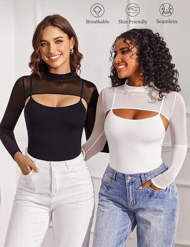 Avidlove Womens Long Sleeve Bodysuits Mock Turtle Neck Shapewear Bodysuit Sexy Mesh Bodysuit Two Piece Outfit Cami Tops in Saudi Arabia