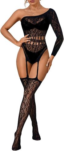 Women Sexy Leopard Fishnet Bodysuit, One Shoulder Lace Jumpsuit Body Stockings, Exotic Dancer Rave Party Club Outfits in Saudi Arabia