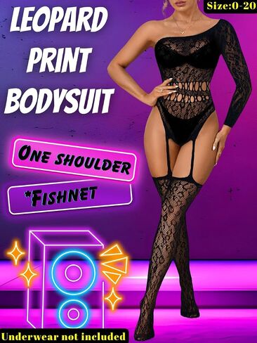 Women Sexy Leopard Fishnet Bodysuit, One Shoulder Lace Jumpsuit Body Stockings, Exotic Dancer Rave Party Club Outfits in Saudi Arabia