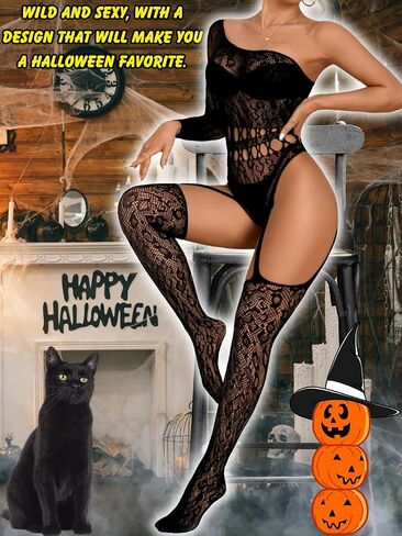 Women Sexy Leopard Fishnet Bodysuit, One Shoulder Lace Jumpsuit Body Stockings, Exotic Dancer Rave Party Club Outfits in Saudi Arabia