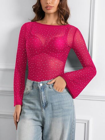 SEBOWEL Women Rhinestone Bodysuit Bell Sleeve Glitter Sparkly See Through Sheer Mesh Bodysuit Going Out Tops Romper in Kuwait
