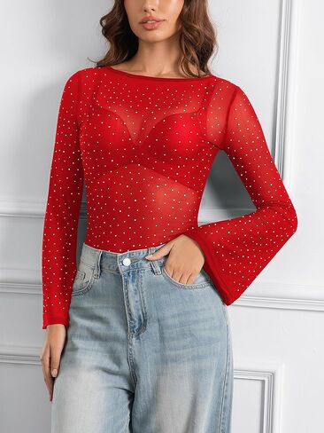 سيبويل نساء راينستون بيل بيل جرس بريق براقة ترى من خلال بدلة شبكية شبكية تخرج من قمم رومبير in Kuwait