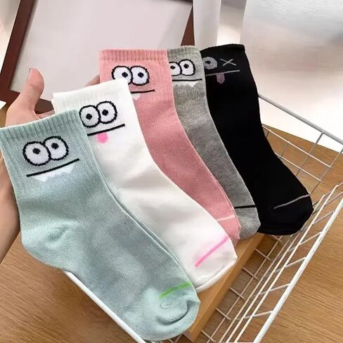 5 Pairs Comfy Funny Face Print Mid Tube Socks, Women's Casual Stockings & Hosiery in Saudi Arabia