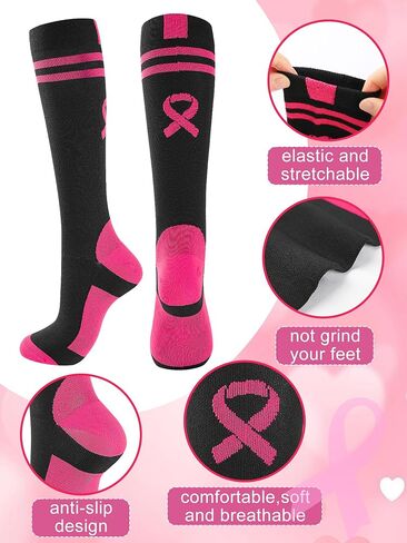 12 Pairs Breast Cancer Awareness Socks for Women Pink Ribbon Crew Socks Non-Slip Comfortable Stretchable Sport Socks in Kuwait