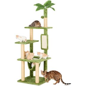 52" Cat Tree Cat Tower for Indoor Cats with Green Leaves, Multi-Level Cozy Plush Cat Condo Cat House Scratching Posts for All Breeds Sizes