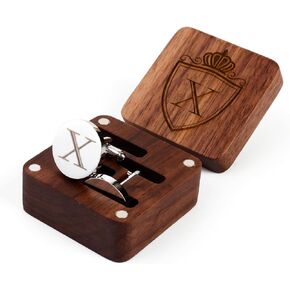 Mens Initial Silver Cufflinks A-Z Alphabet Letter Steel Cuff Links with Engraved Walnut Wood Box Groom Groomsman Wedding Set… in Kuwait