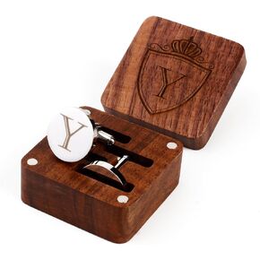 Mens Initial Silver Cufflinks A-Z Alphabet Letter Steel Cuff Links with Engraved Walnut Wood Box Groom Groomsman Wedding Set…