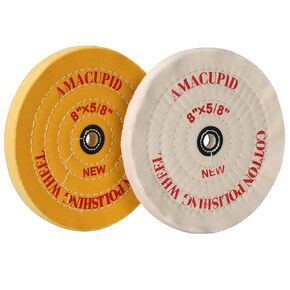 Cotton Buffing Wheel 8 inch, for Bench Grinder/Bench Buffer. Polishing Jewelry, Glass, Tools, etc. 5/8 inch Arbor Hole. White Yellow 2 Pack
