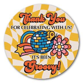 36 2.5 inch 1970s Theme Disco Birthday Party Thank You Favor Stickers - It's Been Groovy