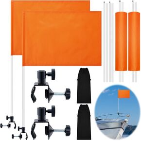 2 Set Orange Boat Flag 33 Inch Water Ski Flag 12" x 18" Kayak Flag with Pole and Storage Bag 3 Sections Boat Flag Holder for Tubing Wakeboarding Watersports Swimmers Surfer Safety Equipment