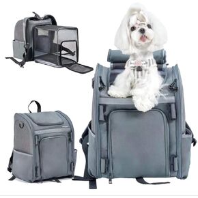 Expandable Pet Carrier Backpack for Cat and Small Medium Puppy Dog, Fits up to 13 lbs, Airline-Approved Foldable and Detachable Backpack with Safety Leash and Lock Zipper (Grey)