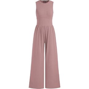 Jumpsuit for Women Sleeveless Wide Leg Overalls Casual Solid Crew Neck One Piece Outfits with Pockets 2024 Summer