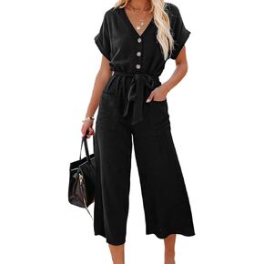 Acelitt Womens Short Sleeve V Neck Button Belted Wide Leg Jumpsuits with Pockets, S-XXL