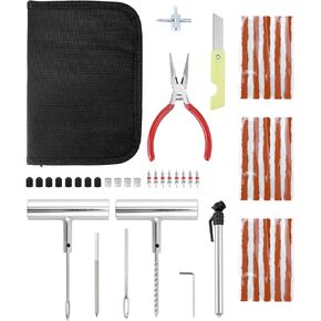 QWORK Heavy Duty Steel Tire Repair Kit for Cars, Motorcycles, ATVs, Tractors, Trucks - 44 Pieces Set with Portable Storage Case, Includes T-Handle and Spiral Probe Tool