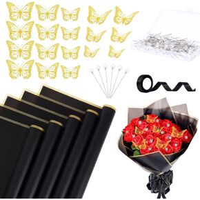 30 Sheets Flower Wrapping Paper Waterproof Black Bouquet Wrapping Paper 36Pcs 3D Gold Butterfly Decorations with 25 Yards Satin Ribbon 100 Diamond Pins for DIY Mother's Day Gift