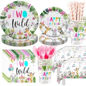 Two Wild Birthday Party Supplies Tableware Girl, Safari Jungle Theme 2nd Birthday Decorations Include Plate, Cup, Napkin, Tablecloth, Straws, Cutlery, Two Wild Birthday Dinnerware | Serve 24