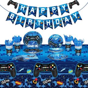172 Pieces Video Game Party Decoration Set Game Happy Birthday Banner Gamer Party Supplies Plastic Tablecloth Paper Plates Tableware for Boy Girl Player Birthday Party Pack, Serving 24 Guests (Blue)