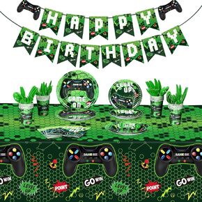 172 Pieces Video Game Party Decoration Set Game Happy Birthday Banner Gamer Party Supplies Plastic Tablecloth Paper Plates Tableware for Boy Girl Player Birthday Party Pack, Serving 24 Guests (Blue)