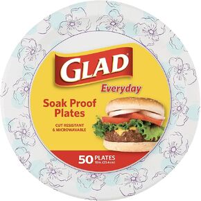 Glad Round Disposable Paper Plates 10 in, Blue Flower|Soak Proof, Cut Proof, Microwave Safe Heavy Duty Paper Plates For Parties|50 Count Bulk Paper Plates 10 Inch