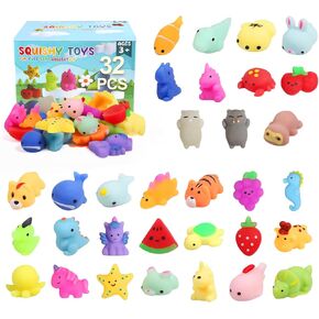 Mochi Squishy Toys Set, Random 32 Pack Mini Mochi Party Favors for Kids, Kawaii Squishy Toy Stress Relief Toys,Cat Squishys Slow Rising Animals Goodie Bags Fillers with Storage Box, Classroom Prizes