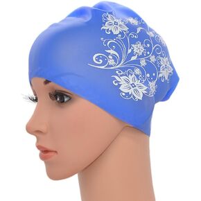 Women Ladies Elastic Silicone Water Pool Swimming Hat Cap Ear Wrap Hat for Long Hair Adults Flower Print