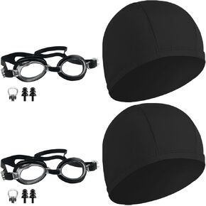 2 Pack Black Swimming Cap Swimming Goggles for Both Adults & Kids Fabric Durable Non-Waterproof Cloth Swimming Pool Cap No Leaking Anti Fog UV Protection Goggles, with Nose Clip, Ear Plugs in Kuwait