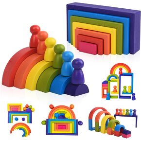 Wooden Toys, Montessori Toys for Kids 3 4 5 6+Years Old Boys Girls Rainbow Stacking Blocks Set Preschool Activites Educational Toy Gifts for Toddler-19PCS
