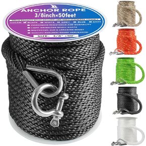Premium Anchor Rope 50 ft x 3/8 inch, Solid Braid MFP Anchor Line Boat Rope Marine Rope,Boat Anchor Rope with Thimble & Shackle - White/Black