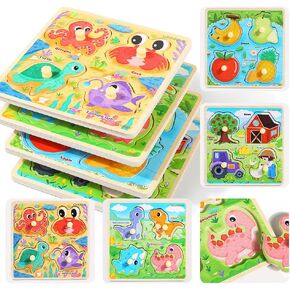 GRINNNIE Wooden Toddler Puzzles, 1 2 3 Years Old Learning Montessori Peg Puzzle Toy Set for Toddlers, 4 Pcs Educational Portable Size Travel Knob Puzzle Toys, Gift for 1-3 Boy Girl Birthday Christmas